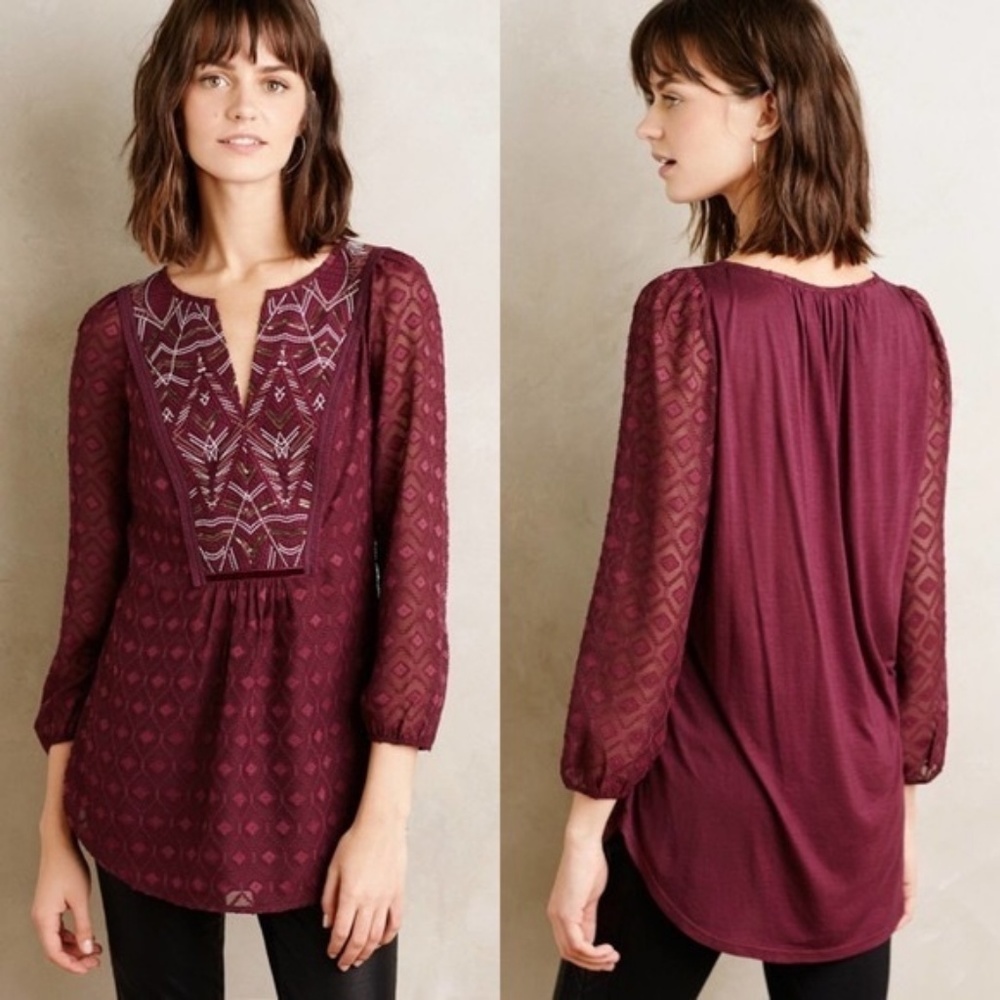 Anthropologie Purple Stitched Sequin Peasant Top